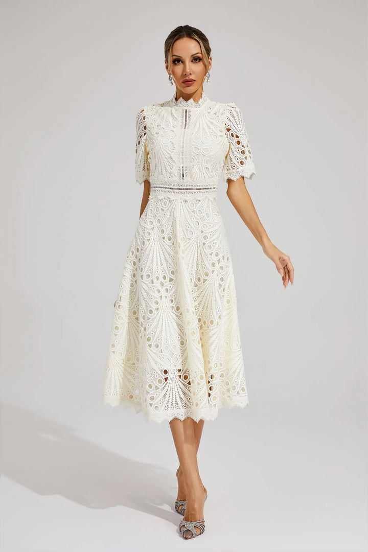 Thea | Women's Elegant Eyelet Pattern Midi Dress