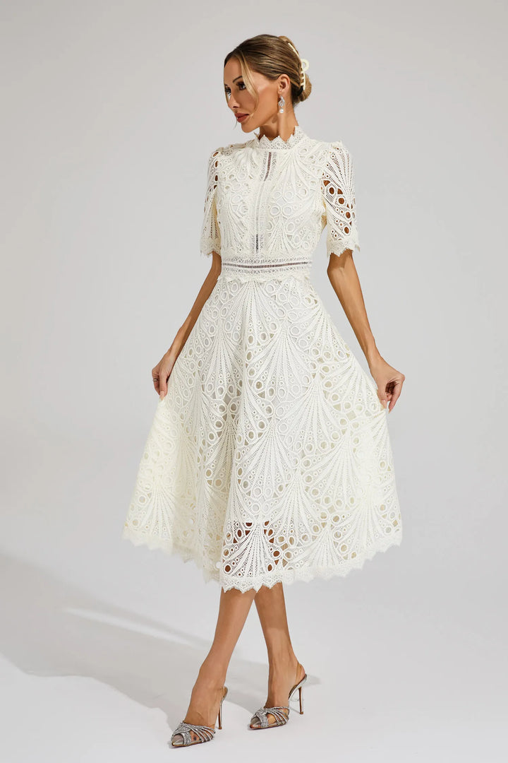 Thea | Women's Elegant Eyelet Pattern Midi Dress