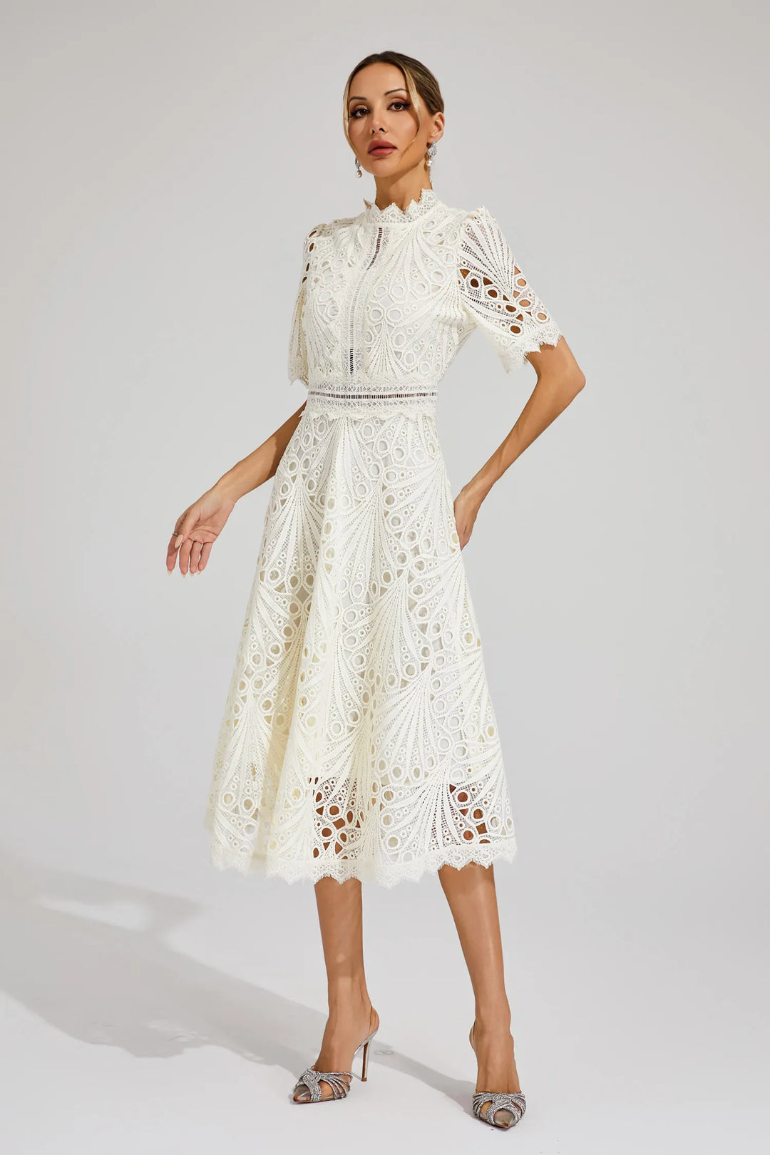 Thea | Women's Elegant Eyelet Pattern Midi Dress