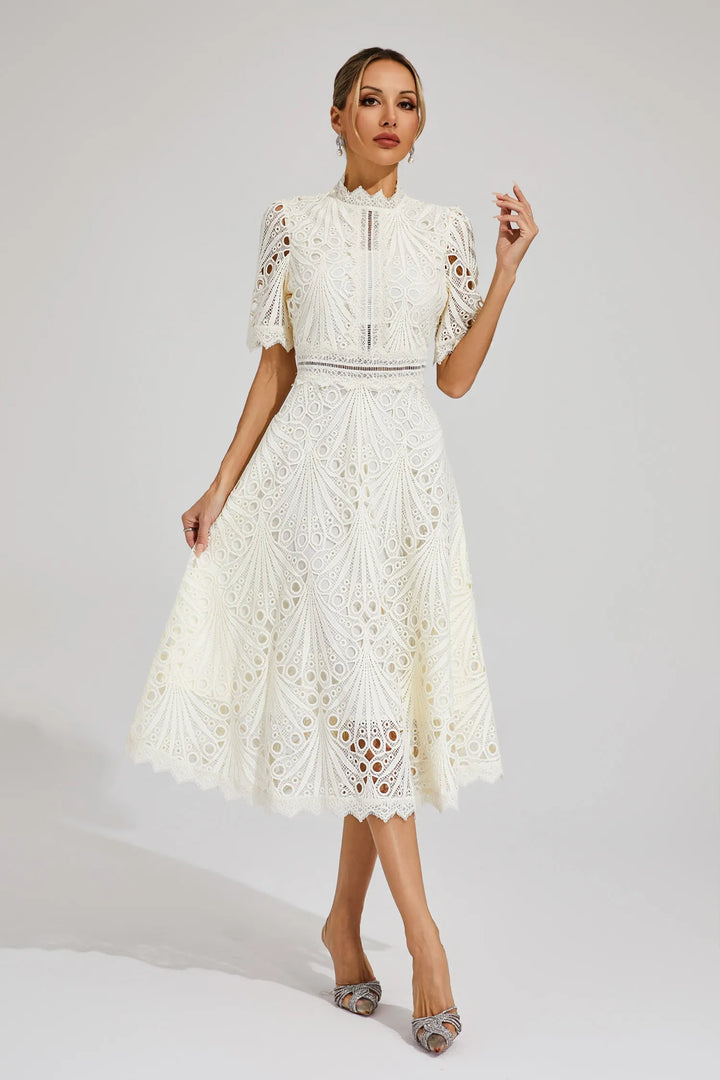 Thea | Women's Elegant Eyelet Pattern Midi Dress
