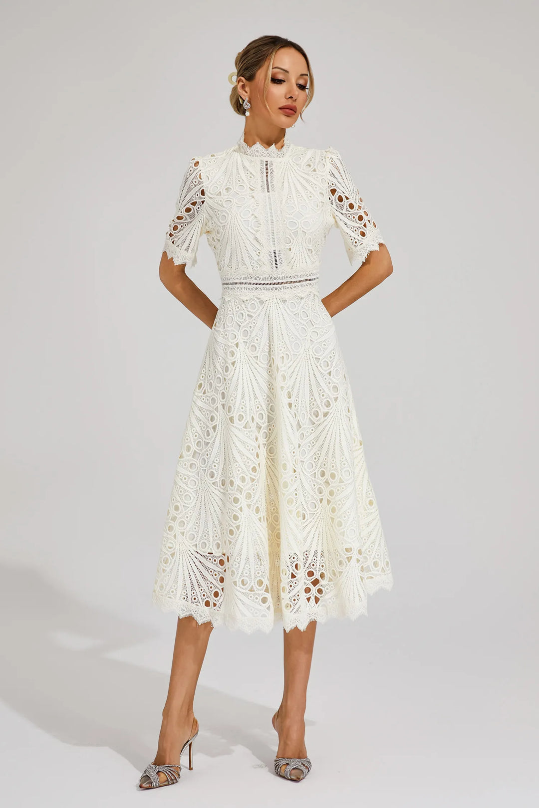 Thea | Women's Elegant Eyelet Pattern Midi Dress