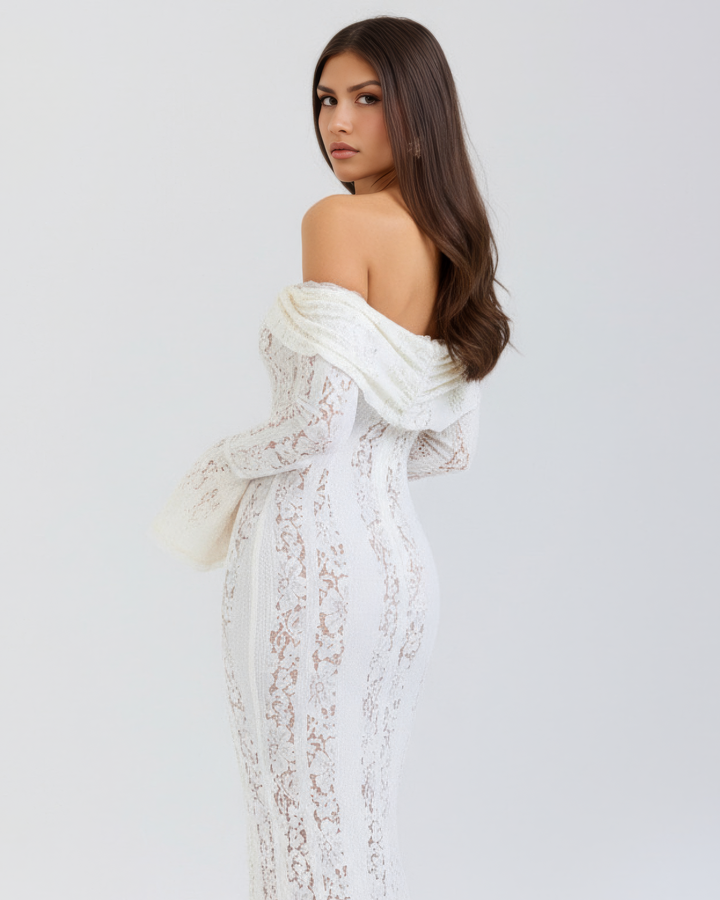 Christa | Damen Elegantes Off Shoulder Hochzeitsgastkleid mit Spitze