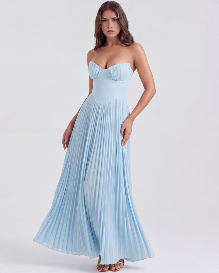 Mirjam | Damen Elegantes Plissiertes Maxikleid in Babyblau