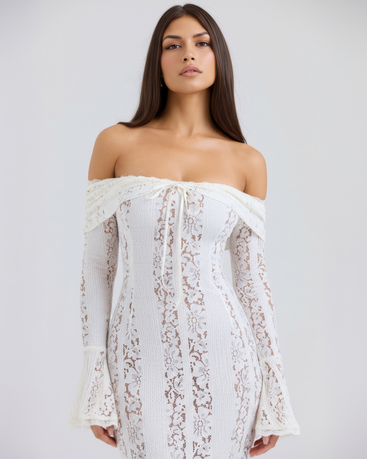Christa | Damen Elegantes Off Shoulder Hochzeitsgastkleid mit Spitze