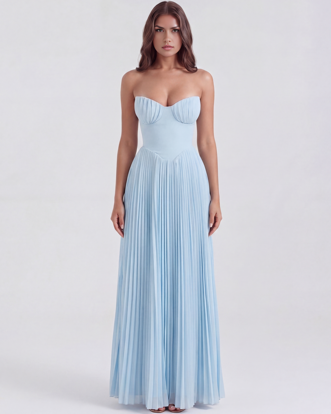 Mirjam | Damen Elegantes Plissiertes Maxikleid in Babyblau