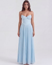 Mirjam | Damen Elegantes Plissiertes Maxikleid in Babyblau
