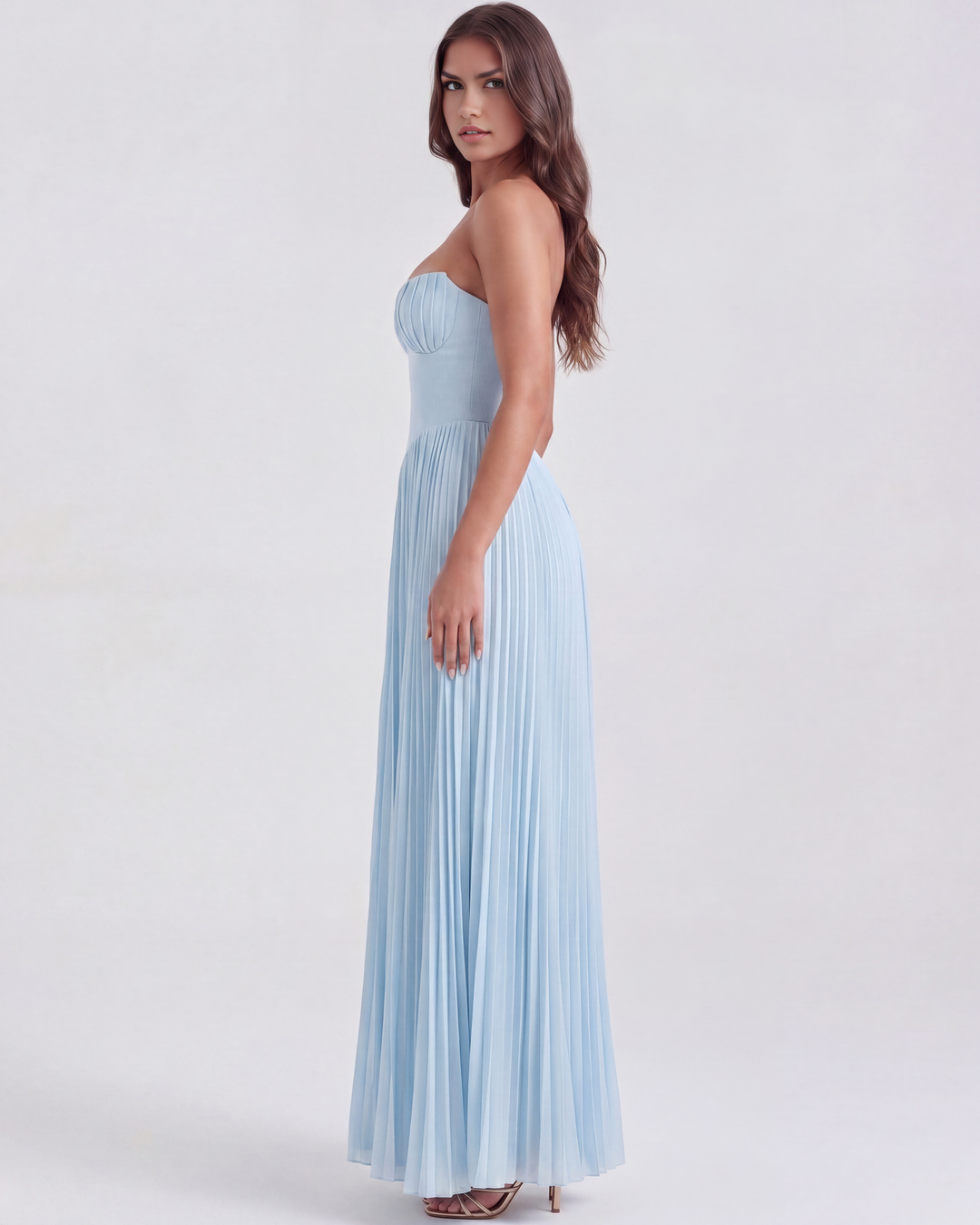 Mirjam | Damen Elegantes Plissiertes Maxikleid in Babyblau
