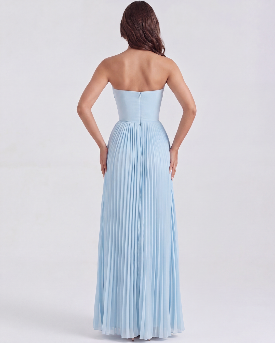 Mirjam | Damen Elegantes Plissiertes Maxikleid in Babyblau
