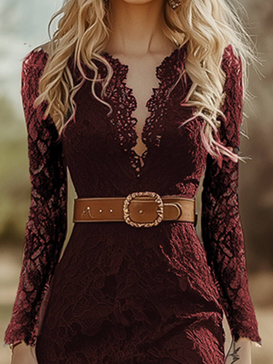 Maya | Damen Elegantes Langarm Spitzen Maxikleid