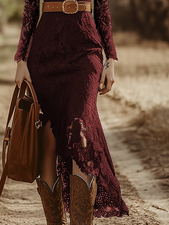 Maya | Damen Elegantes Langarm Spitzen Maxikleid