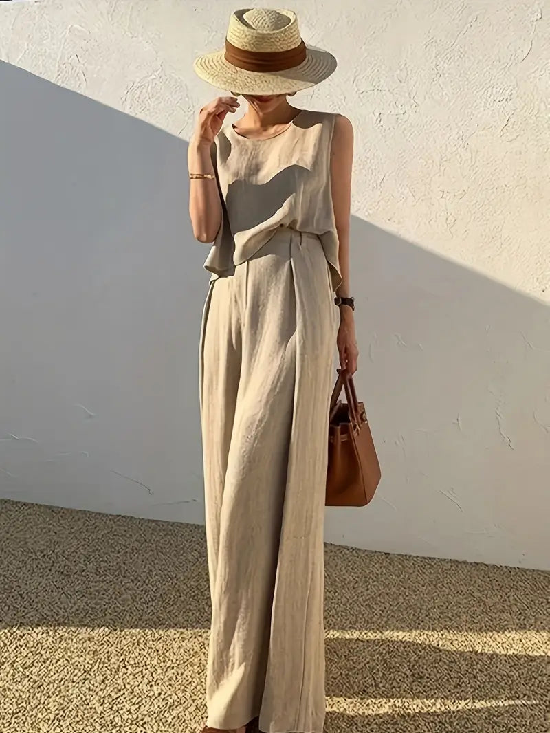 Karin | Damen Ärmelloses Zweiteiliges Leinen Set