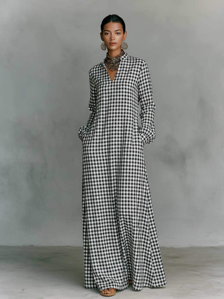 Juliana | Damen Kariertes Langarm Maxikleid mit V-Ausschnitt