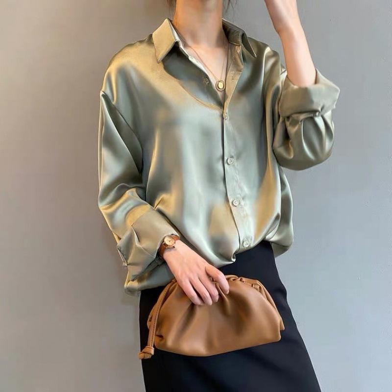 Elvira | Damen Sommer Langarm Satin Bluse