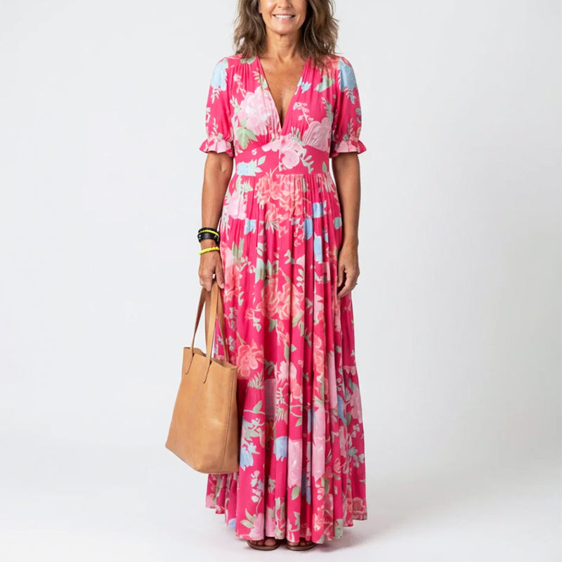 Paula | Damen Geblümtes Sommer Maxikleid Mit V-Ausschnitt