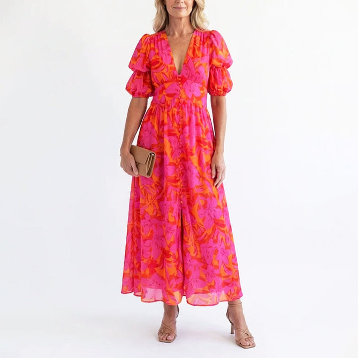 Linda | Damen Elegantes Geblümtes Sommerkleid Mit Puffärmeln