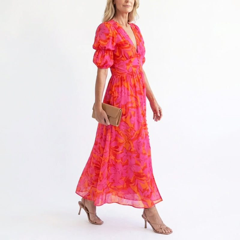 Linda | Damen Elegantes Geblümtes Sommerkleid Mit Puffärmeln
