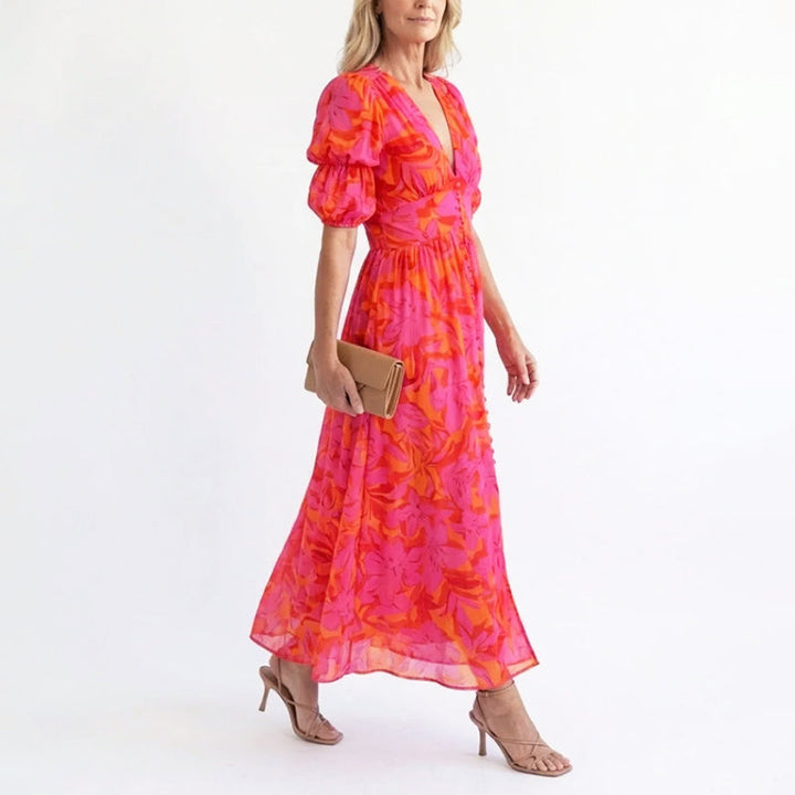 Linda | Damen Elegantes Geblümtes Sommerkleid Mit Puffärmeln