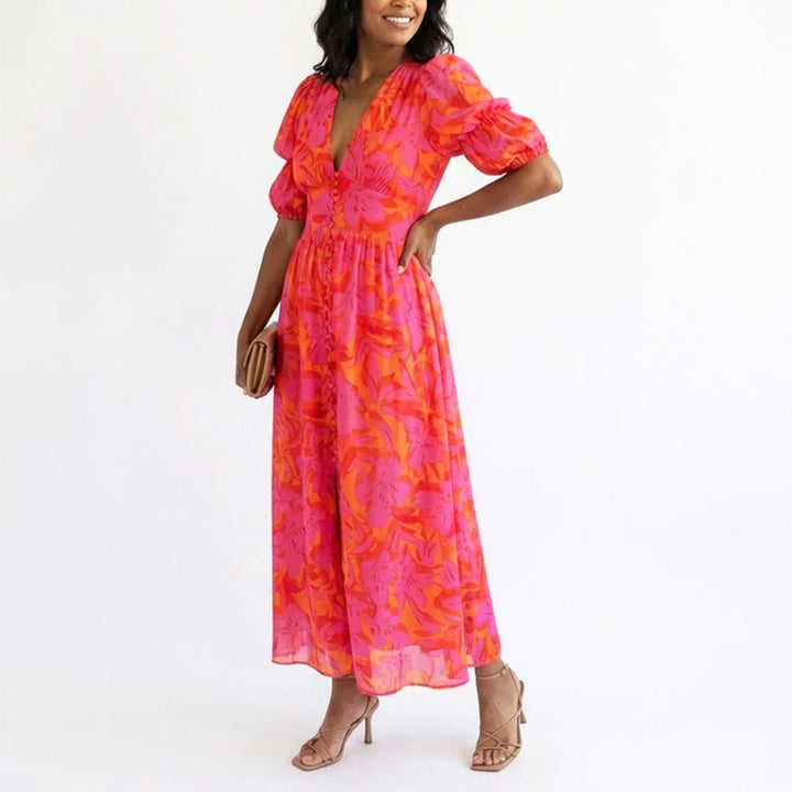 Linda | Damen Elegantes Geblümtes Sommerkleid Mit Puffärmeln
