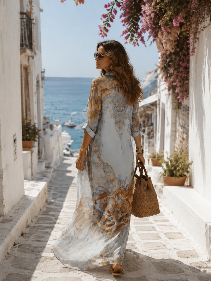 Anna | Robe longue fluide à col chemise et motif floral
