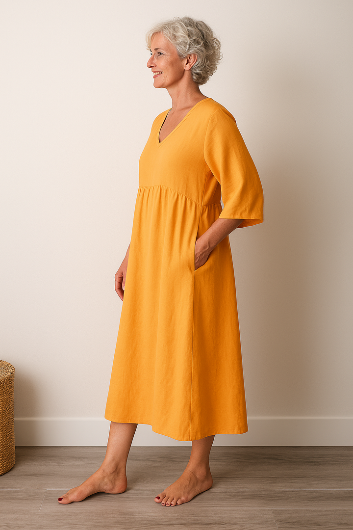 Franziska | Damen Lässiges Kurzarm Kleid mit V-Ausschnitt