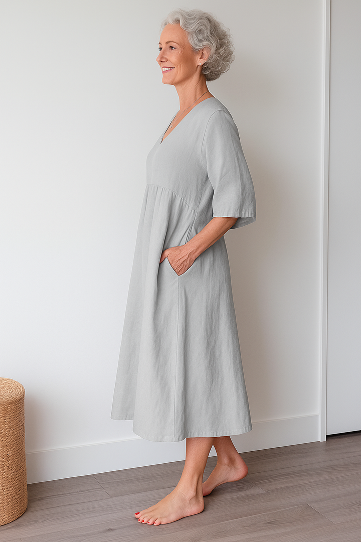 Franziska | Damen Lässiges Kurzarm Kleid mit V-Ausschnitt
