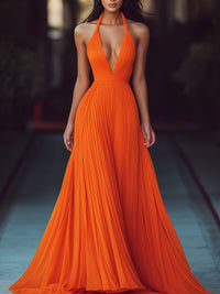 Katija | Damen Elegantes Halterneck V Ausschnitt Maxikleid