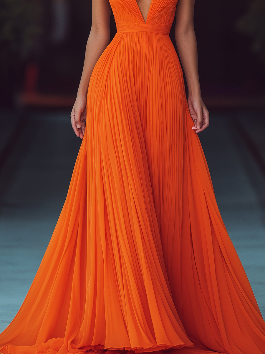 Katija | Damen Elegantes Halterneck V Ausschnitt Maxikleid