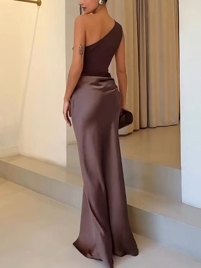 Selena | Damen Lässiges Asymmetrischer Ausschnitt Drapiertes Maxikleid