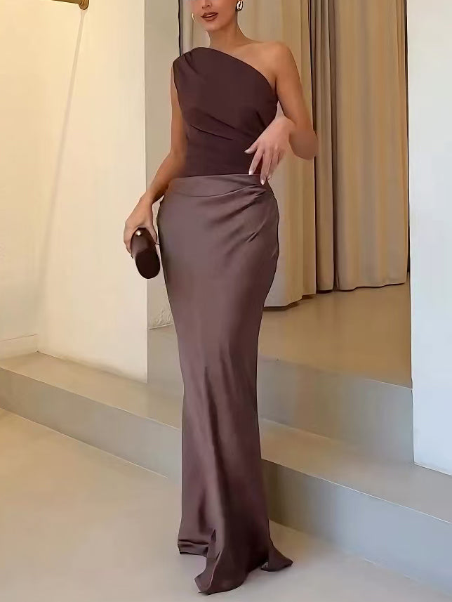 Selena | Damen Lässiges Asymmetrischer Ausschnitt Drapiertes Maxikleid