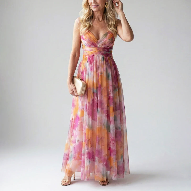 Kassandra | Damen Langes Wasserfarben Print Abendkleid