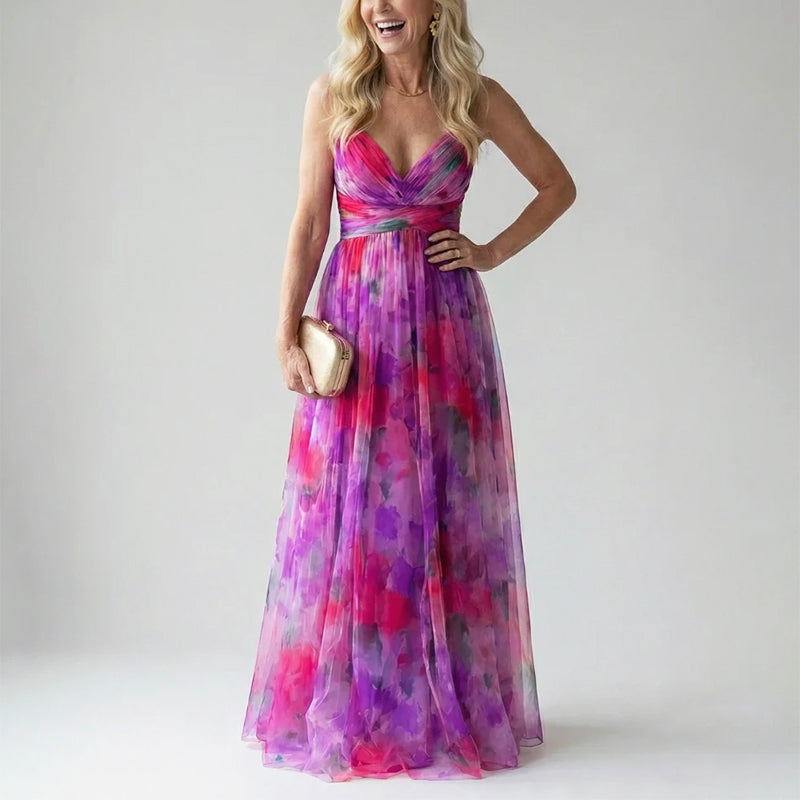 Kassandra | Damen Langes Wasserfarben Print Abendkleid