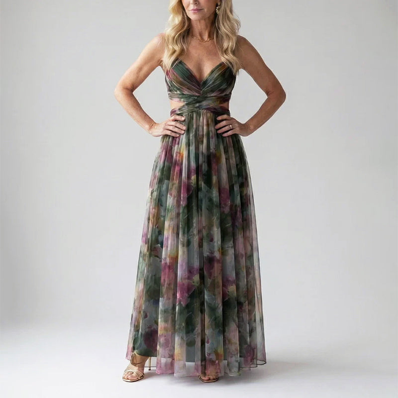 Kassandra | Damen Langes Wasserfarben Print Abendkleid