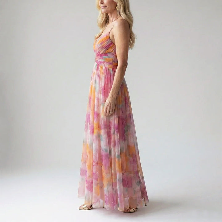 Kassandra | Damen Langes Wasserfarben Print Abendkleid