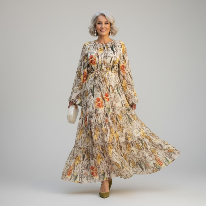 Maxikleid mit Blumenmuster, Schleifengürtel und langen Ärmeln