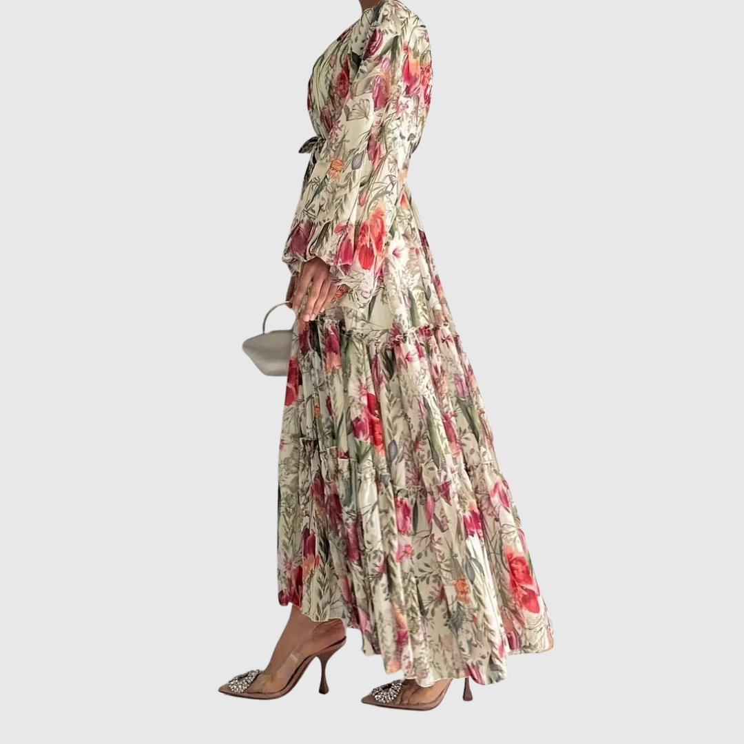 Maxikleid mit Blumenmuster, Schleifengürtel und langen Ärmeln