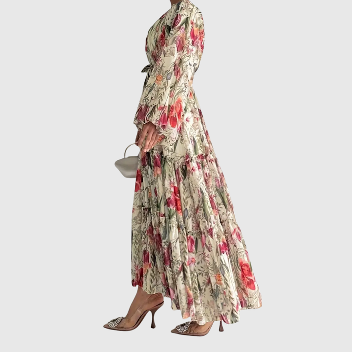 Maxikleid mit Blumenmuster, Schleifengürtel und langen Ärmeln