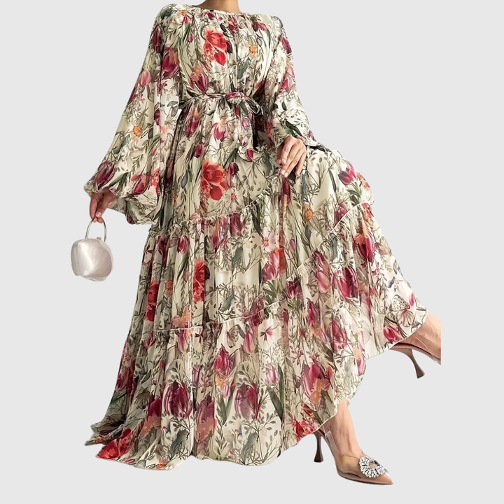 Maxikleid mit Blumenmuster, Schleifengürtel und langen Ärmeln