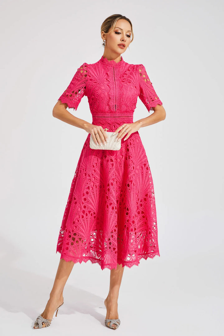 Thea | Women's Elegant Eyelet Pattern Midi Dress