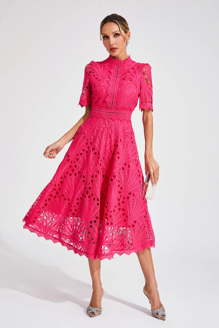 Thea | Women's Elegant Eyelet Pattern Midi Dress