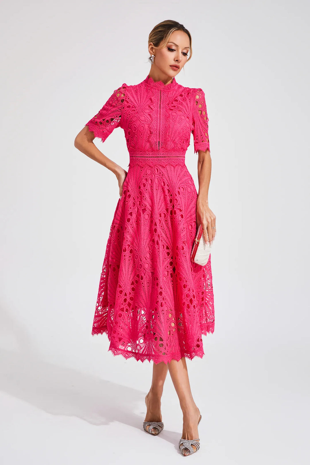 Thea | Women's Elegant Eyelet Pattern Midi Dress