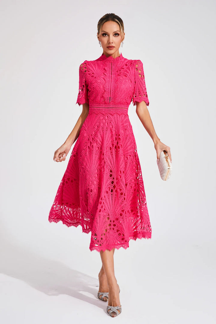Thea | Women's Elegant Eyelet Pattern Midi Dress