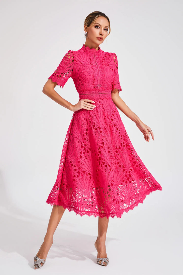 Thea | Women's Elegant Eyelet Pattern Midi Dress