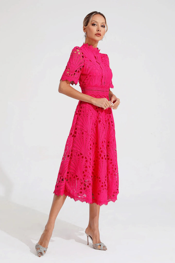 Thea | Women's Elegant Eyelet Pattern Midi Dress