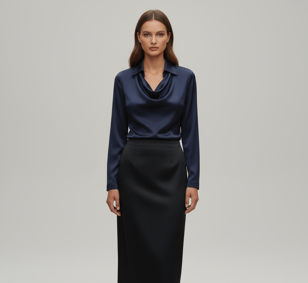 Ottilie | Damen Drapierter Langarm Satinbluse