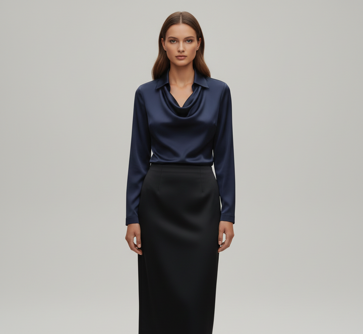 Ottilie | Damen Drapierter Langarm Satinbluse