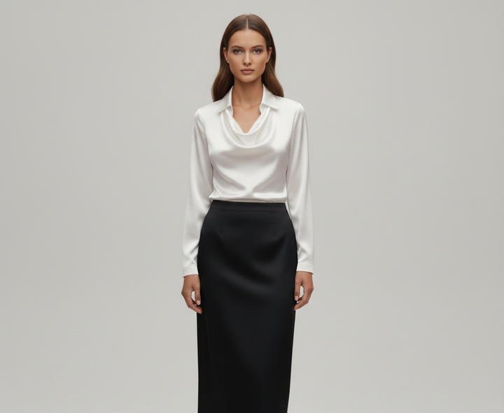 Ottilie | Damen Drapierter Langarm Satinbluse
