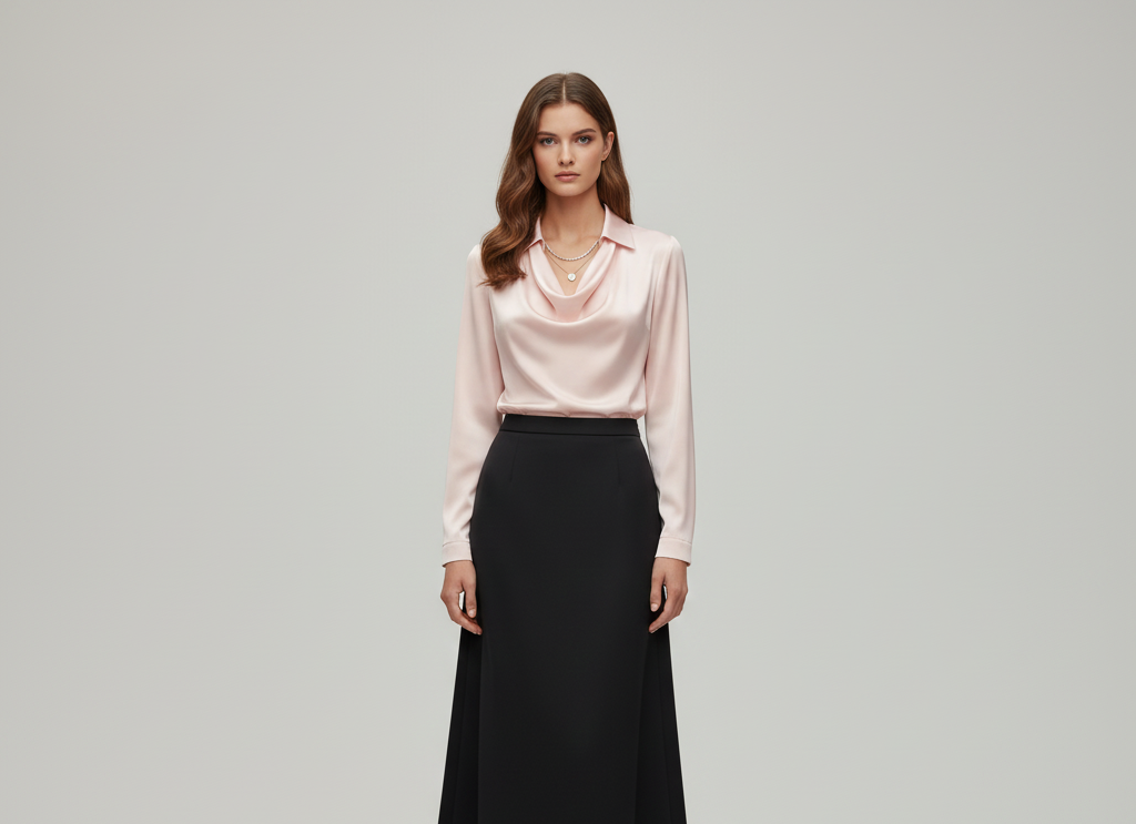Ottilie | Damen Drapierter Langarm Satinbluse
