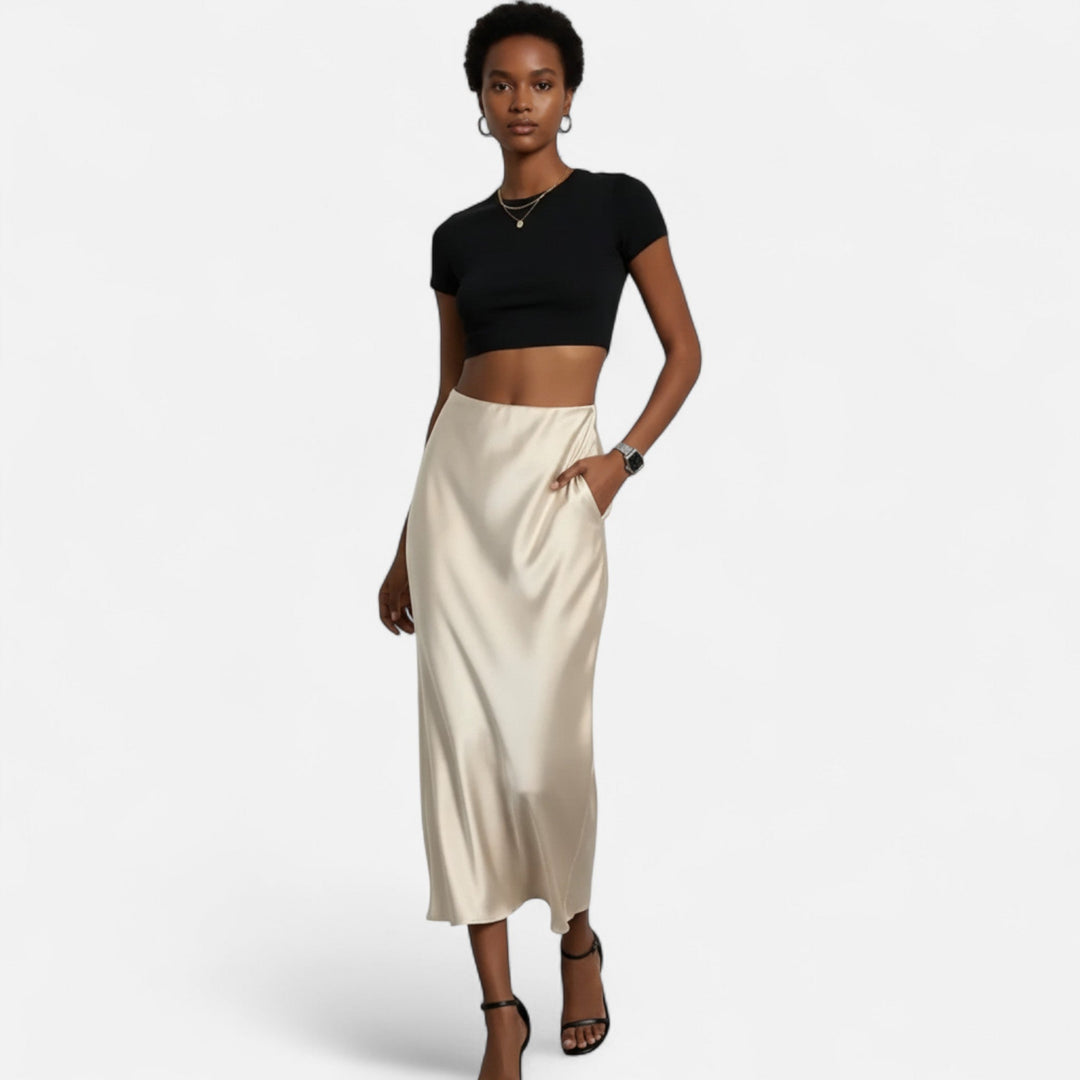 Delia | Damen Eleganter Satin Midirock im Schrägschnitt