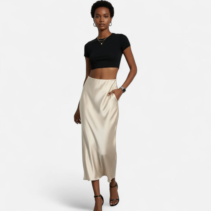 Delia | Damen Eleganter Satin Midirock im Schrägschnitt