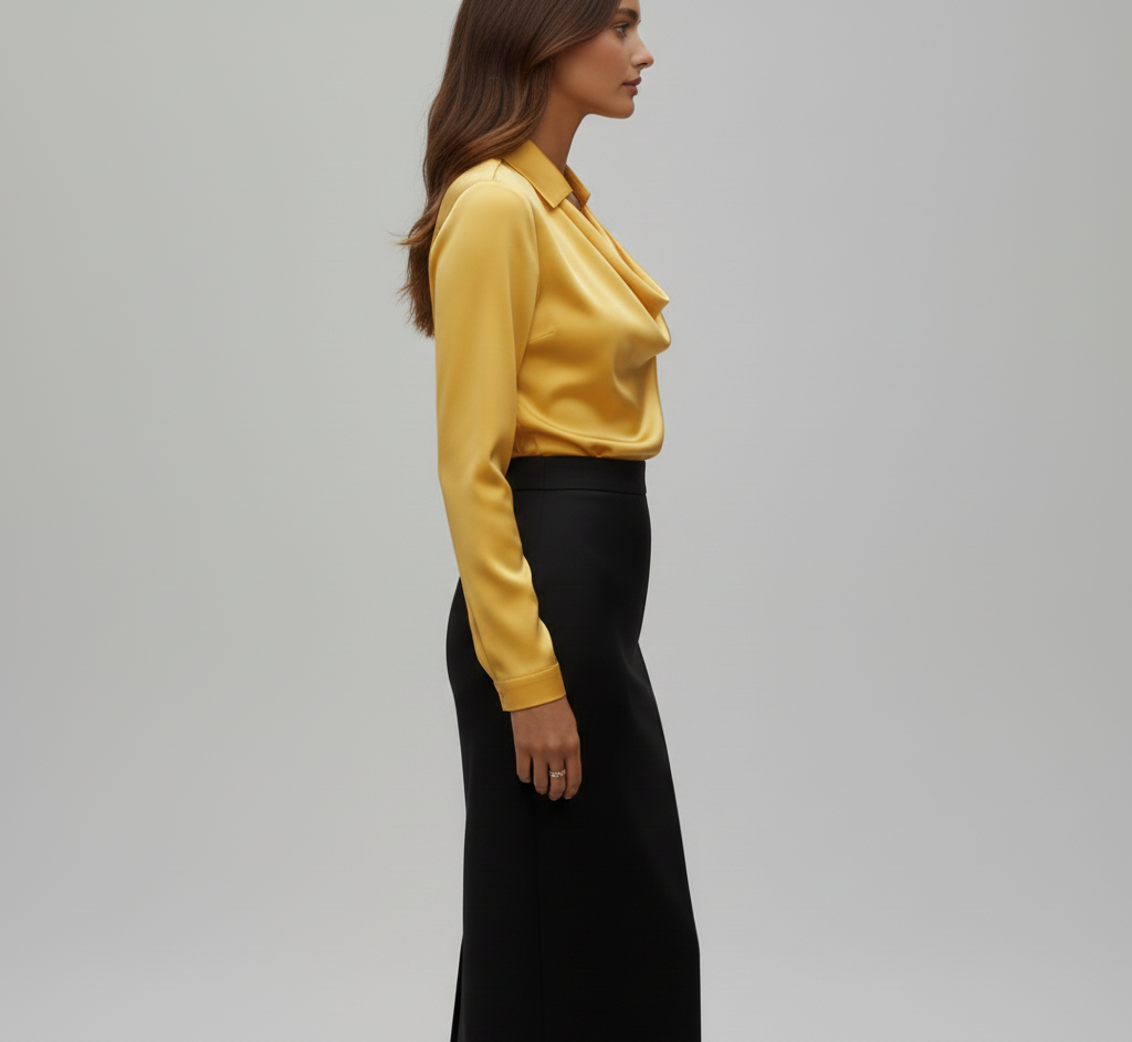 Ottilie | Damen Drapierter Langarm Satinbluse